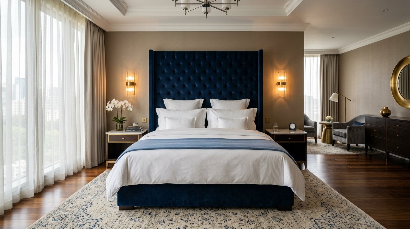 King size bed with deep blue velvet headboard centered in a spacious, elegant hotel room.