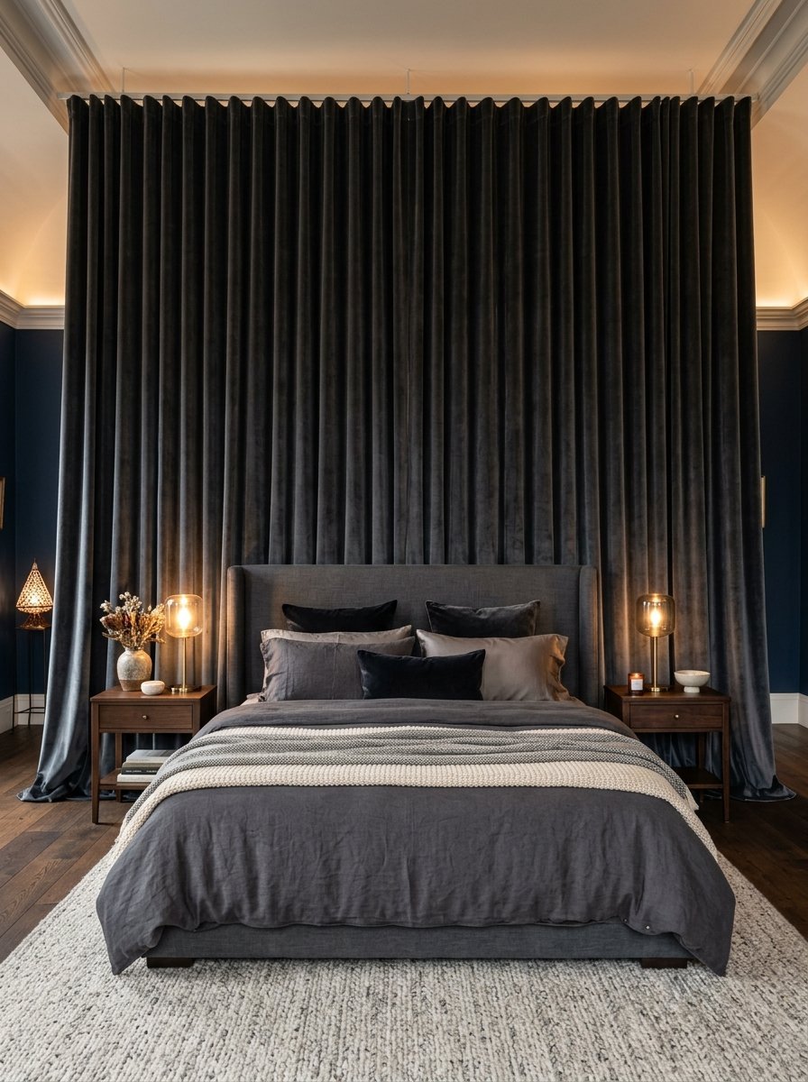 Luxurious bed placed against a backdrop of floor-length charcoal velvet curtains in a dimly lit, modern bedroom.