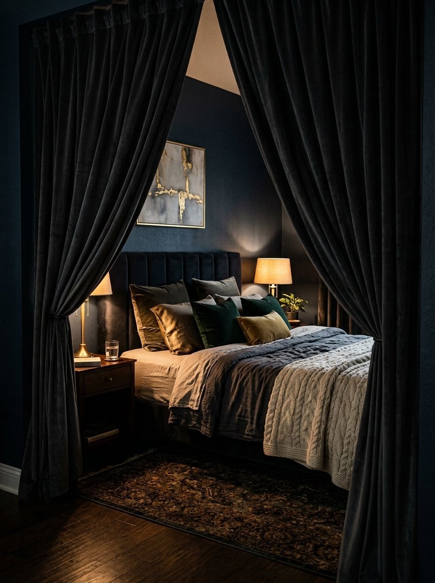 A dark bedroom interior featuring a queen bed with plush pillows and a cable knit throw behind velvet privacy curtains.