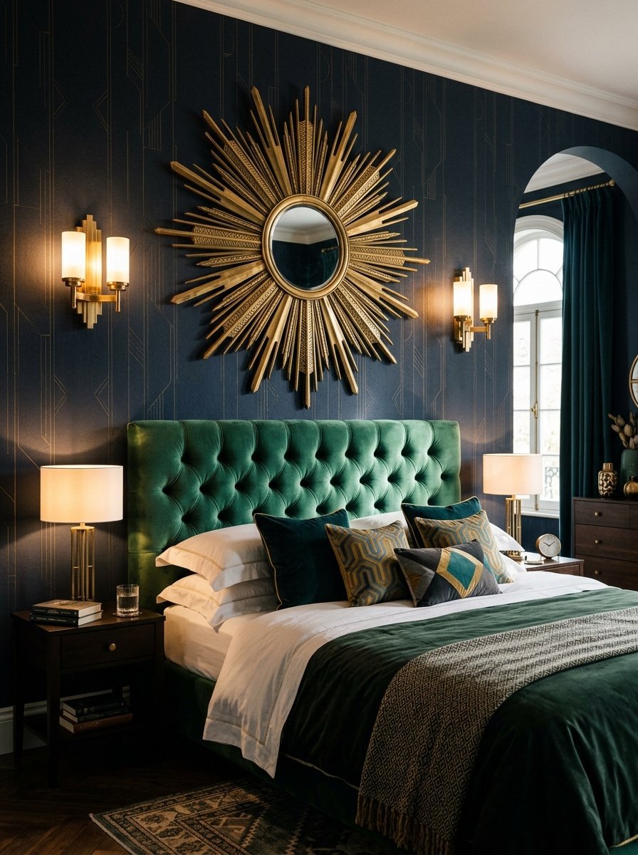 A plush green velvet tufted bed sits against a navy patterned wall under a large golden sunburst mirror.