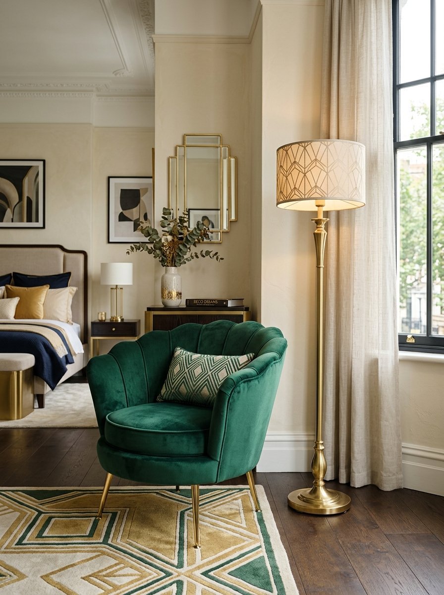 A plush green scalloped velvet chair with a geometric pillow placed on a patterned rug next to a gold lamp.