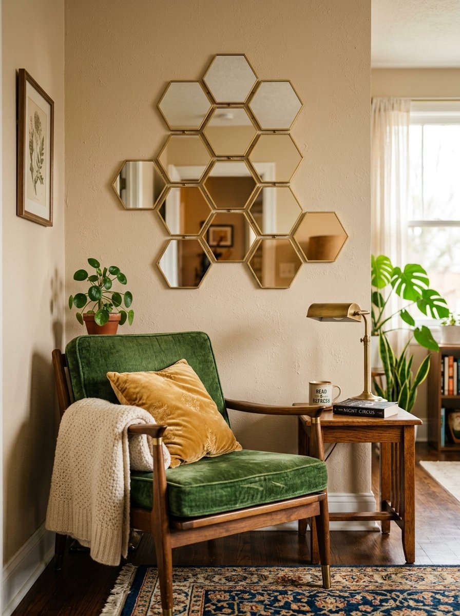 A green velvet chair sits next to a side table featuring a gold lamp and a honeycomb-style mirror display.
