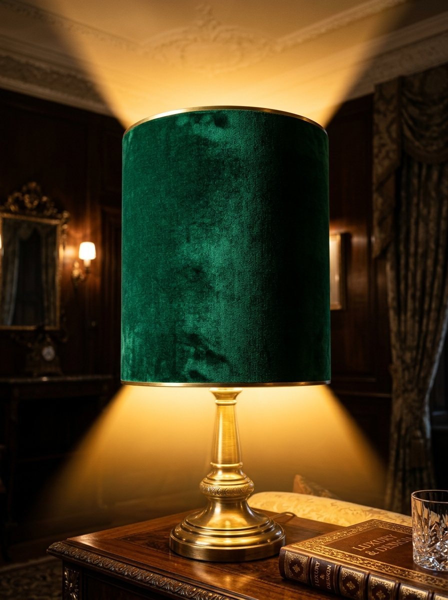 A plush green velvet lamp with a glowing light radiating above and below on a wood table.