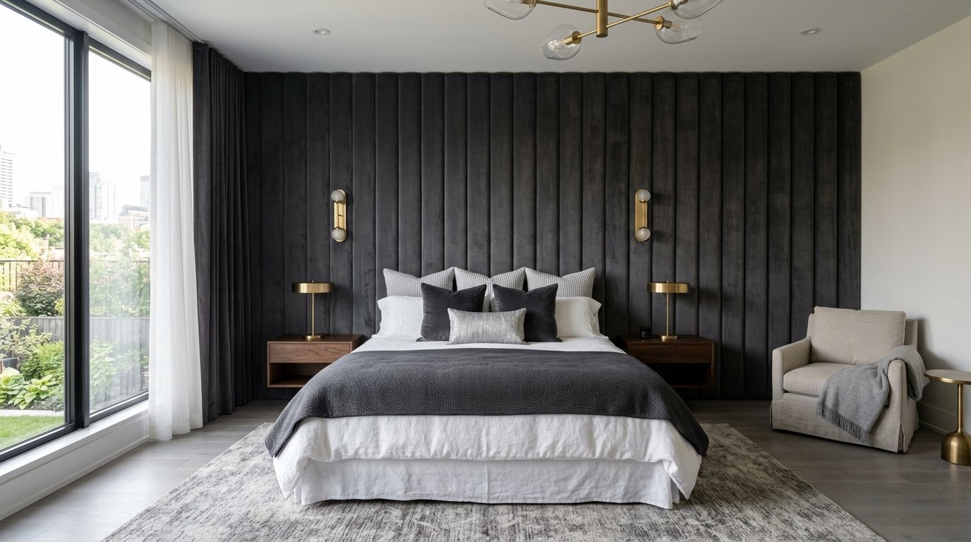 Contemporary bedroom with a dark grey paneled accent wall, gold light fixtures, and a cozy armchair by the window.