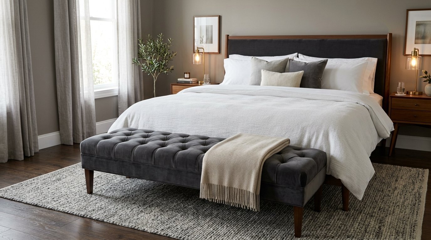A plush charcoal button-tufted bench with a beige throw blanket sitting on a textured rug in a modern bedroom.