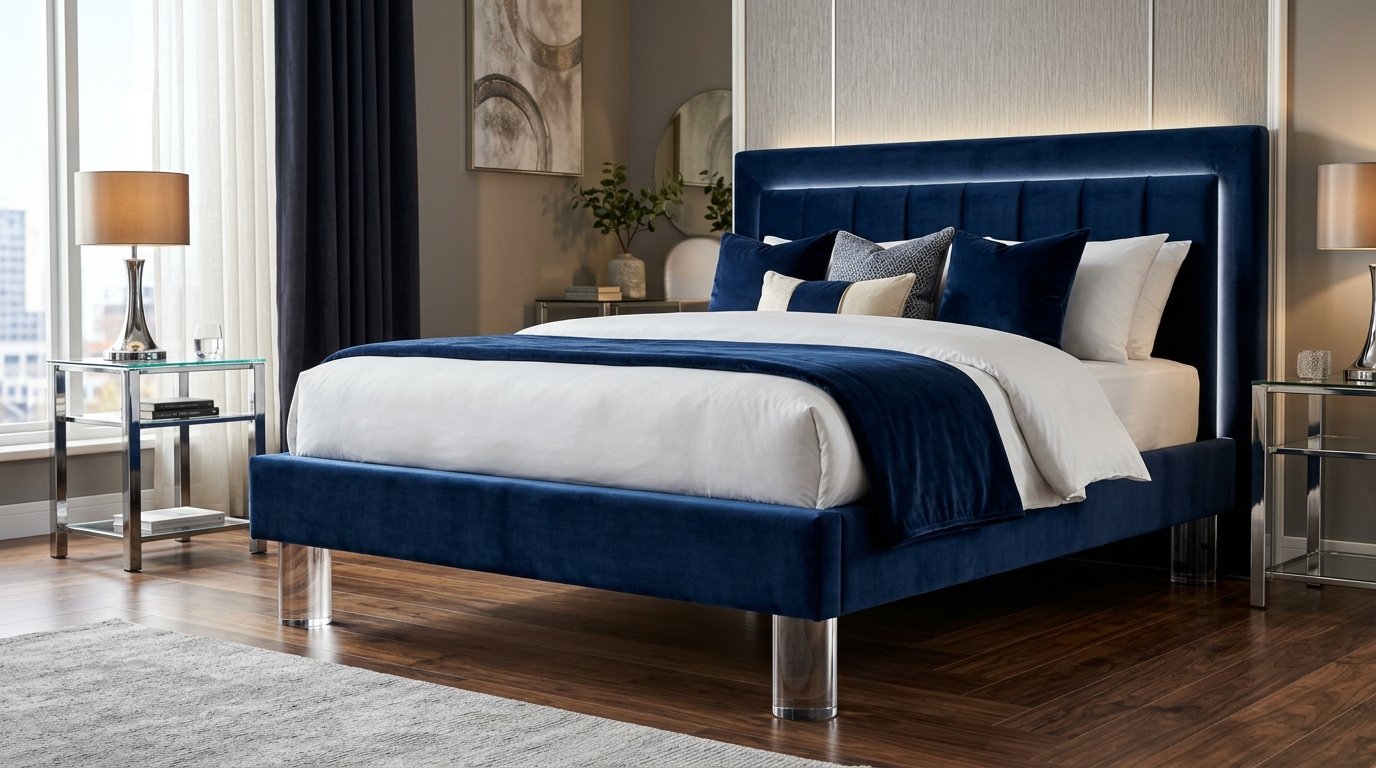 A navy blue velvet bed with channel tufted headboard and clear acrylic feet sitting in a contemporary bedroom.