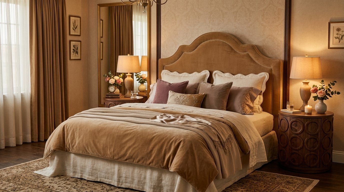 Elegant bedroom with a tan velvet headboard, layered bedding, and matching round wooden nightstands with lamps.