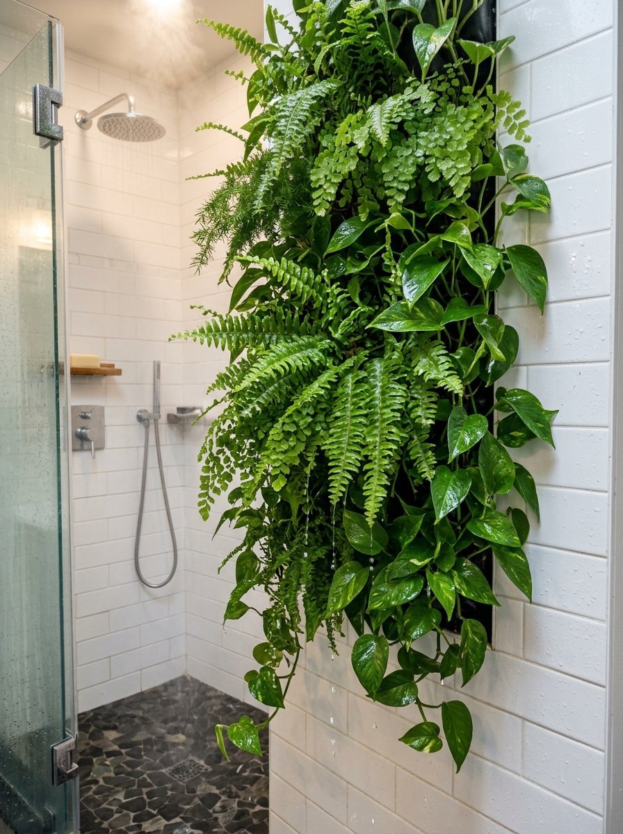 A vertical garden with ferns and pothos plants installed on a white subway tile wall inside a steam shower.