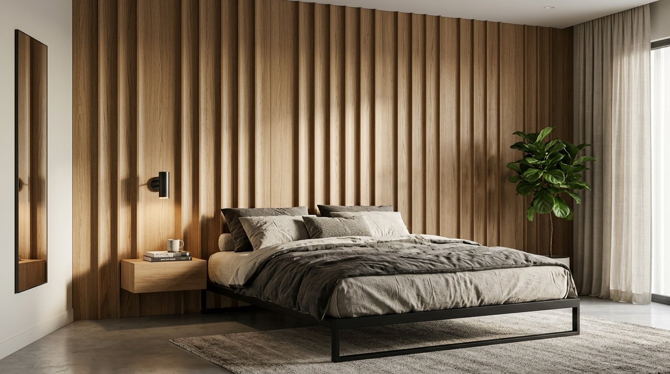 Modern bedroom with a floating nightstand, black bed frame, and potted fiddle leaf fig plant.