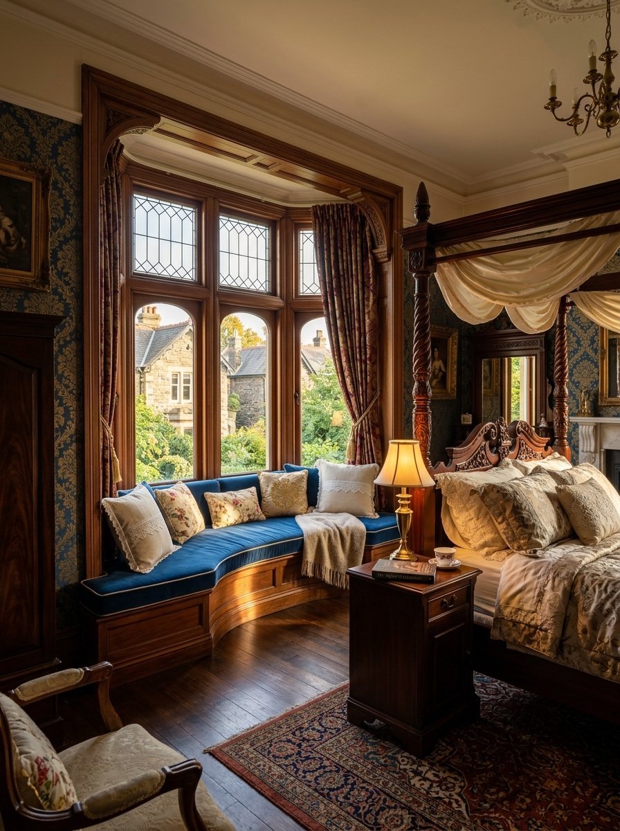 A plush blue bench under a leaded glass bay window in a classic bedroom with ornate wooden furniture.