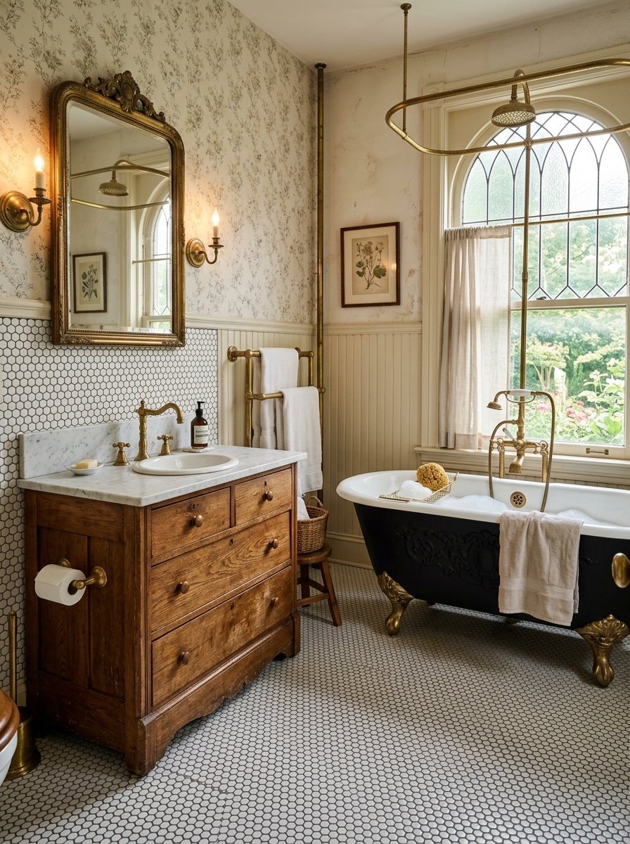 A rustic bathroom with a black clawfoot bathtub, marble-top wooden vanity, and gold fixtures against floral wallpaper.