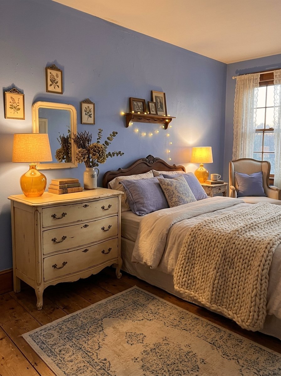 A bedroom with blue walls, a cream dresser, amber lamps, and a chunky knit blanket on the bed.