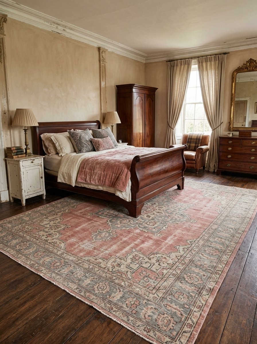 A rustic master bedroom with a wooden sleigh bed, pink patterned area rug, and vintage furniture on wood floors.