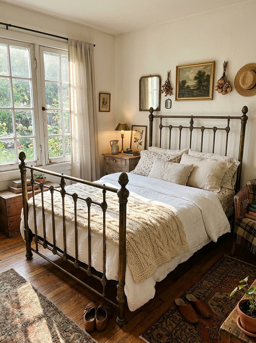 Sunlit vintage bedroom with a brass bed, cable knit blanket, and rustic decor accents.