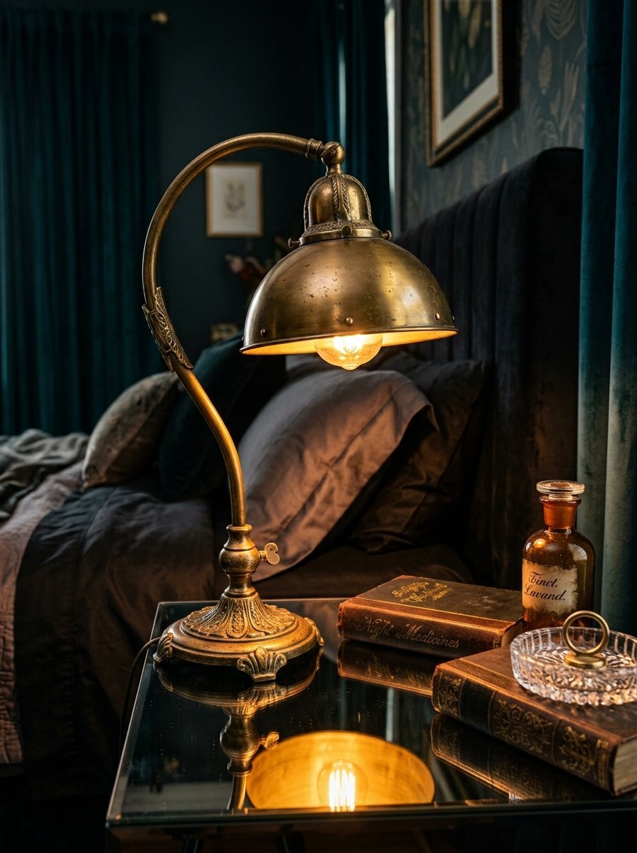 A vintage style brass lamp on a glass nightstand next to old books and a tincture bottle in a dark bedroom.