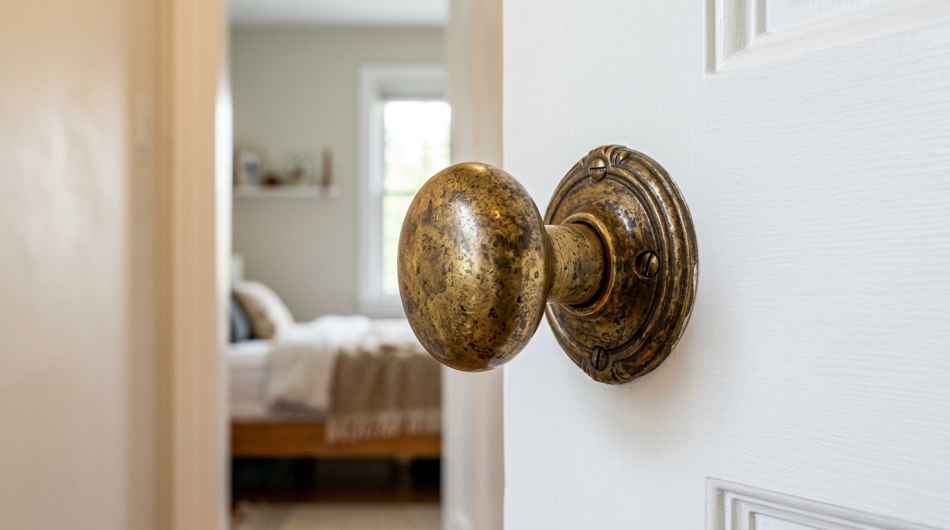 Close-up of a tarnished circular brass handle attached to a white wooden door leading to a blurred bedroom.