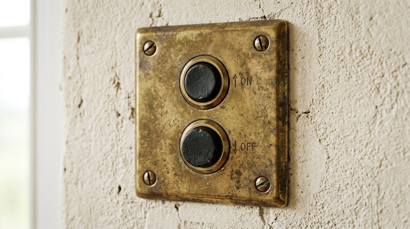 An antique-style brass plate with two black push buttons labeled with up arrow ON and down arrow OFF.