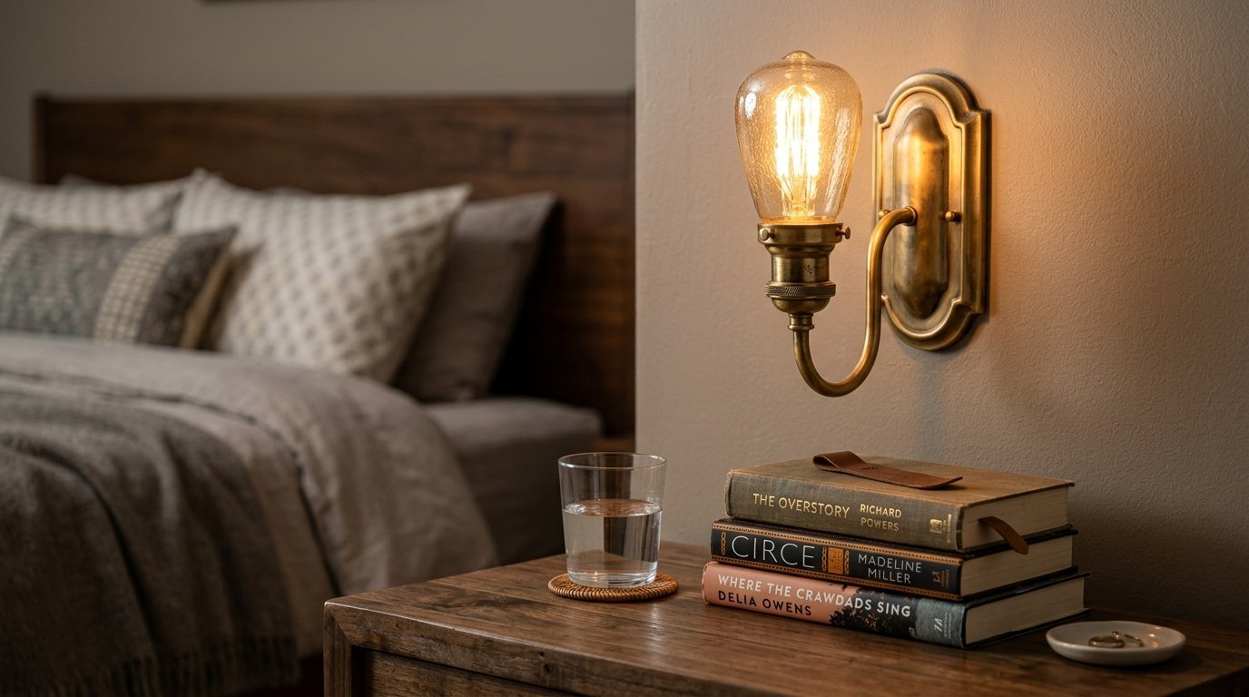 Antique brass wall sconce glowing above a wooden nightstand with books and a glass of water near a bed.