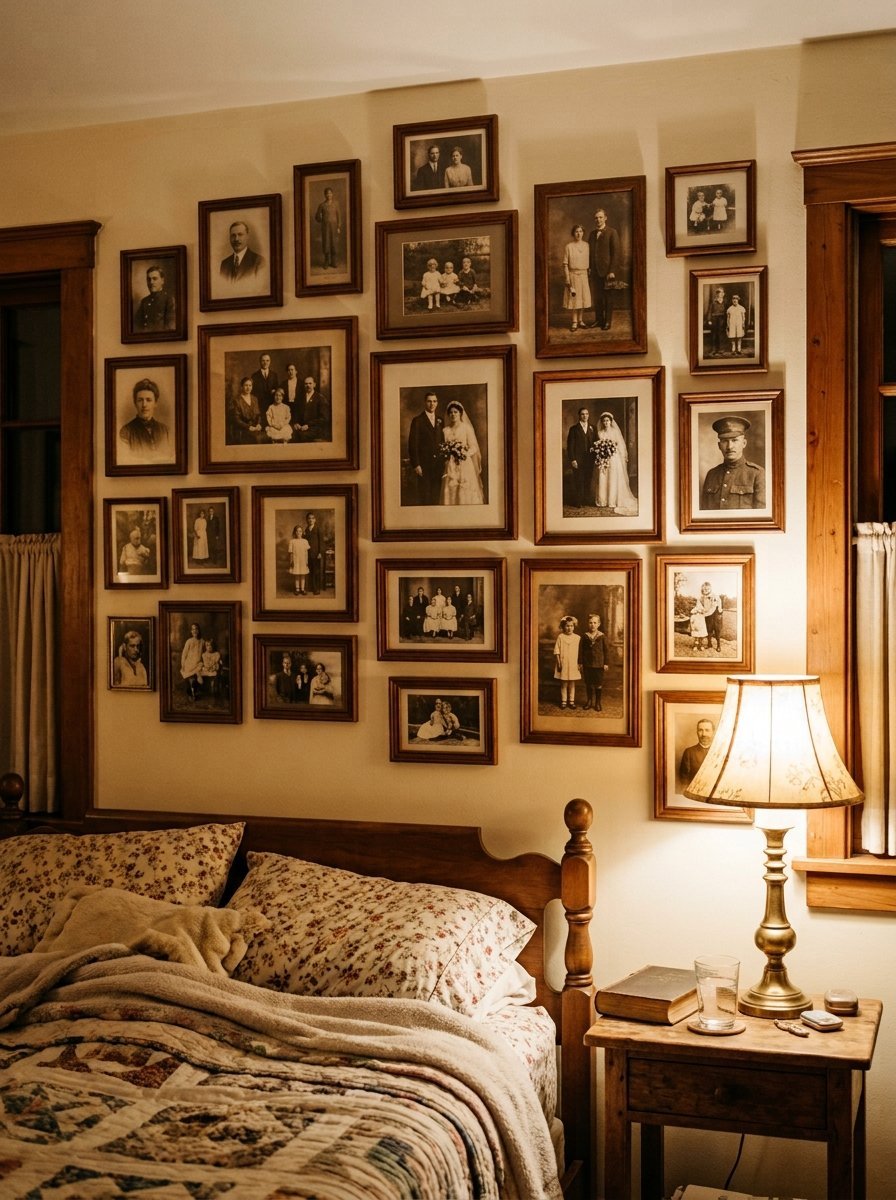 Many antique framed black and white family photographs hanging on a bedroom wall above a floral quilt bed.