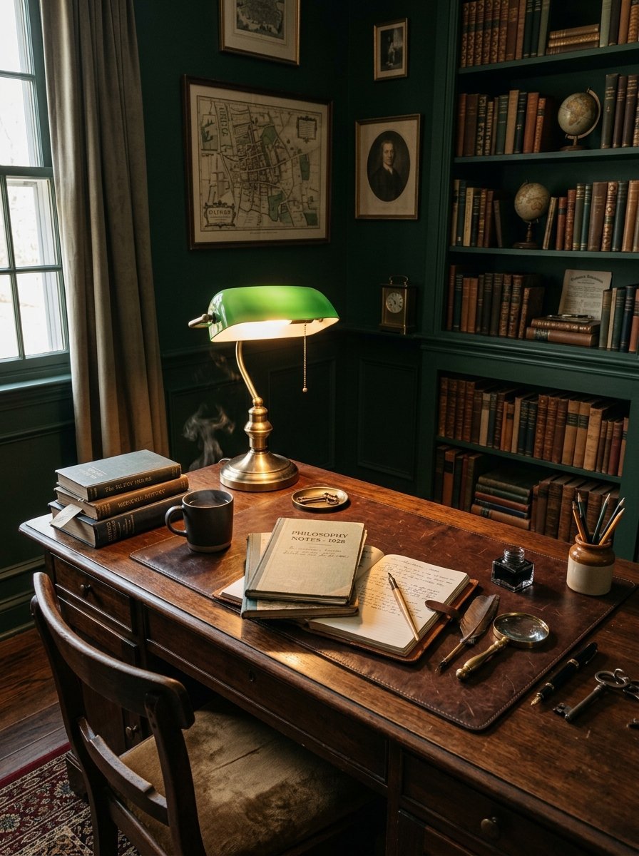 A wooden desk with a green bankers lamp, stacked philosophy books, a steaming mug, and antique writing tools.