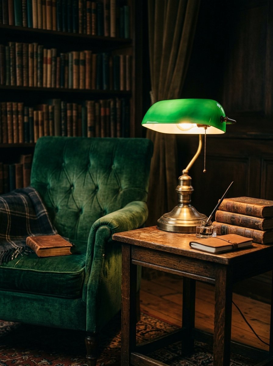Green velvet armchair and a brass bankers lamp on a wooden side table in a library.