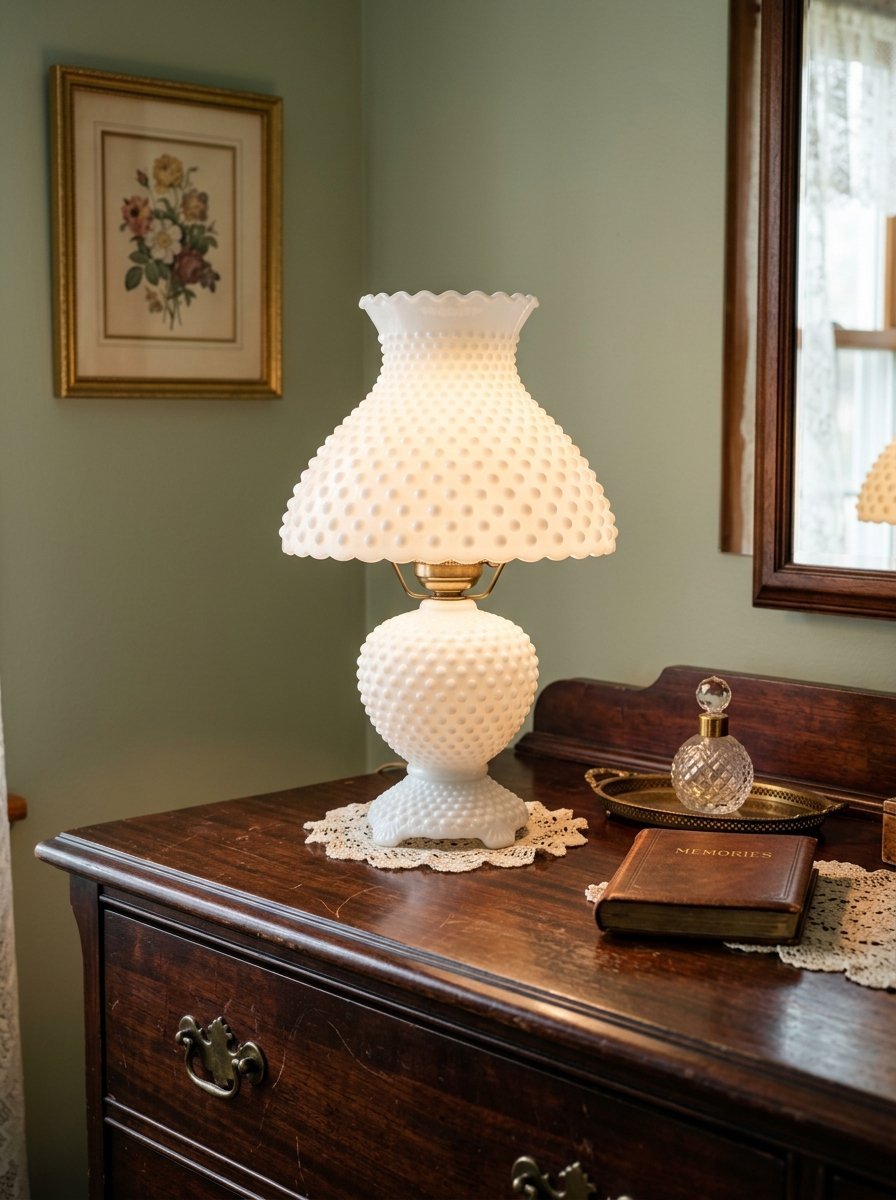 Vintage milk glass hobnail lamp resting on a lace doily atop a dark wood cabinet with a journal and perfume bottle.
