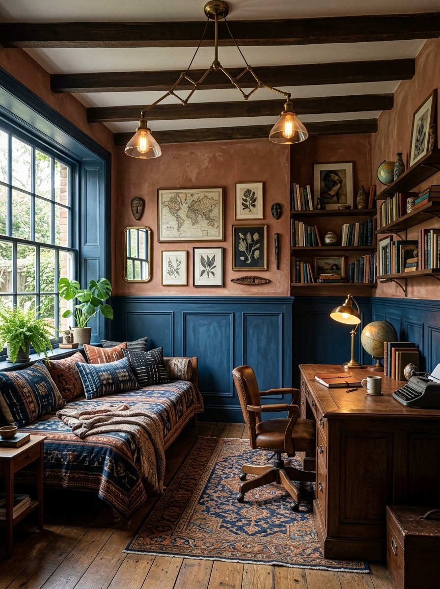 A rustic study featuring a leather desk chair, a daybed with patterned pillows, and walls with blue wainscoting.