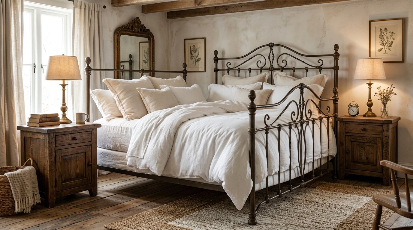 Vintage bronze metal bed frame with white bedding in a rustic room with wooden nightstands and exposed beam ceiling.