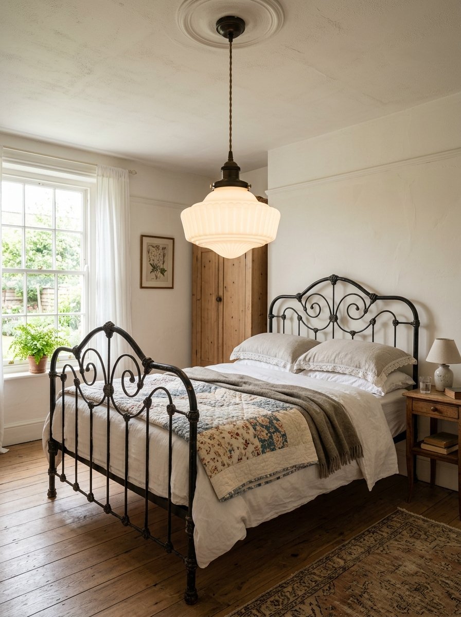 A bedroom with an antique black metal bed, floral quilt, and a vintage milk glass pendant light.