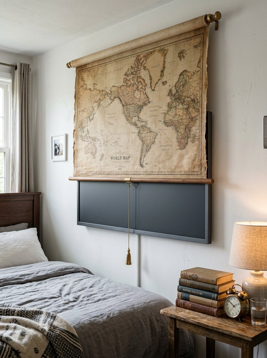 A rustic parchment world map hangs on a bedroom wall above a dark television or monitor screen.