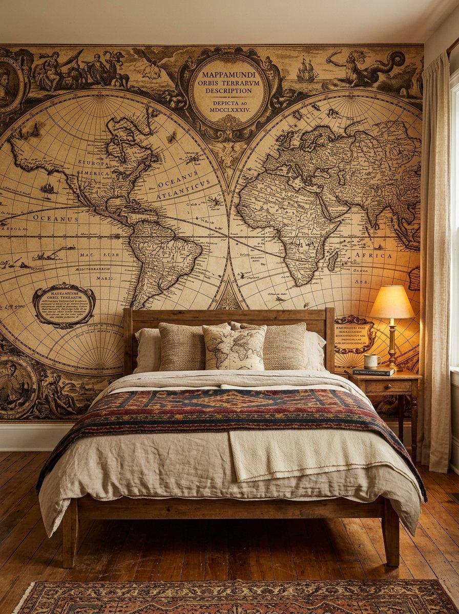 A bed with linen bedding and a patterned throw rug against a wall covered in a vintage 1784 world map.