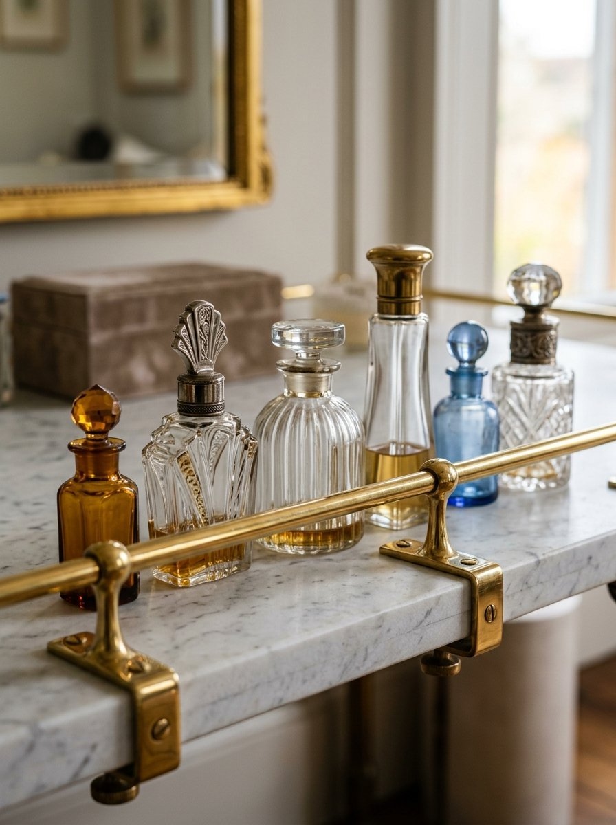 An assortment of elegant glass perfume decanters sitting behind a brass rail on a white marble countertop.