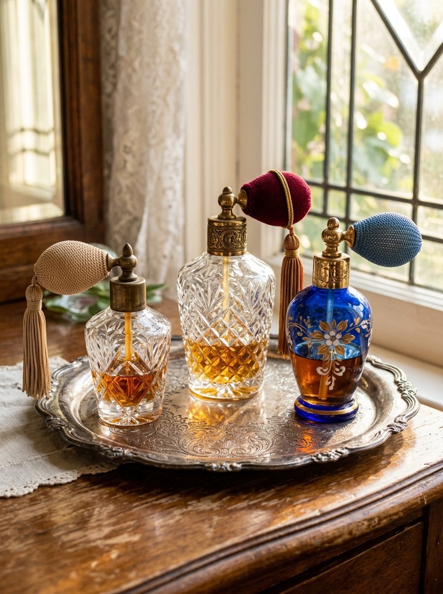 Collection of antique style perfume bottles with colorful bulbs sitting on a reflective vintage silver platter.