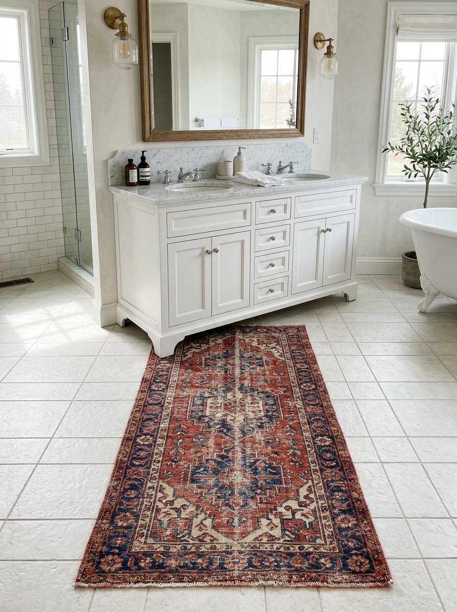 Colorful patterned Persian style rug placed on a white tiled floor in front of a double sink bathroom vanity.