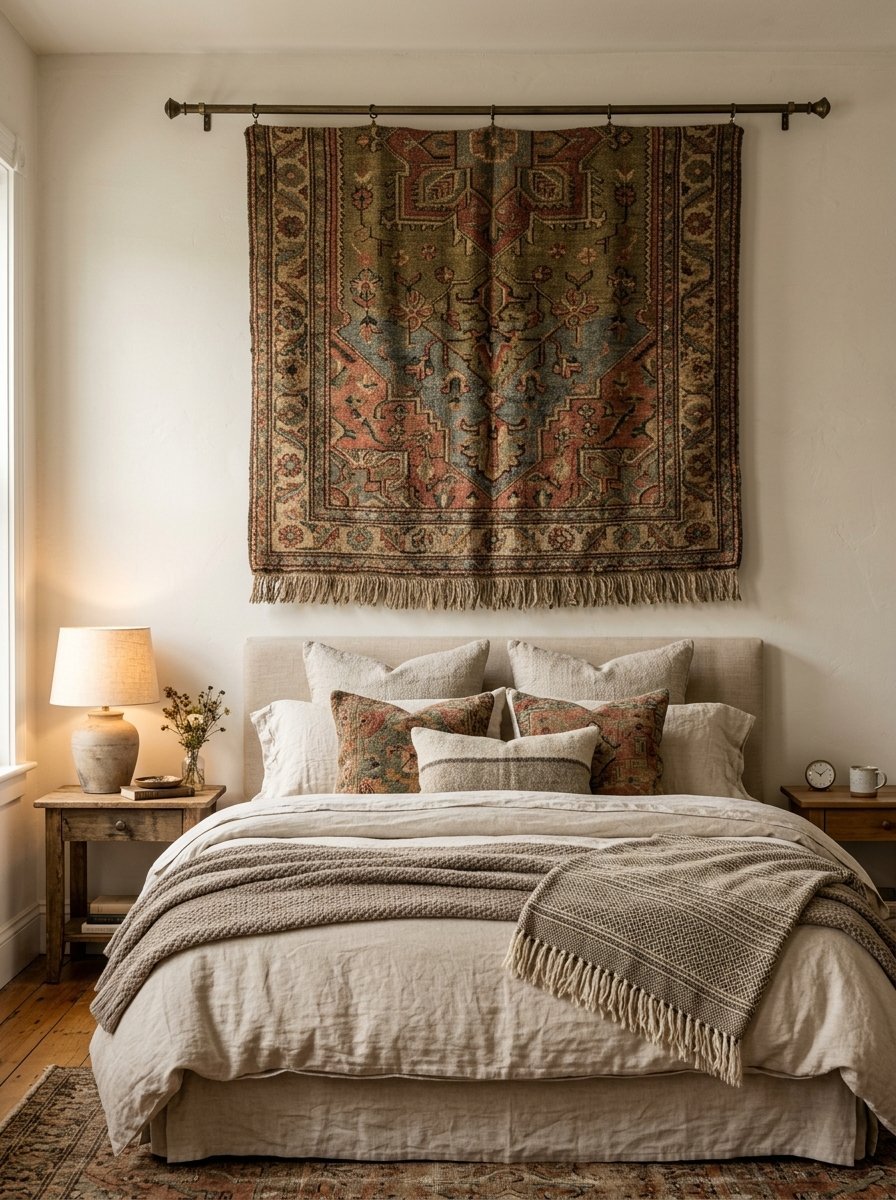 An ornate, fringed textile hanging on a metal rod mounted on a white wall above a neutral-toned made bed.