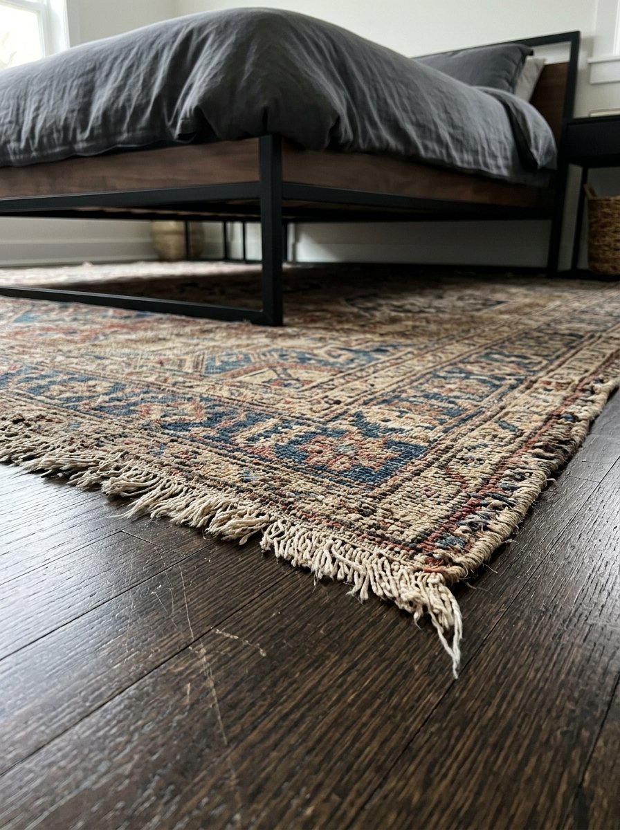 Frayed edge of an ornate Persian style area rug on dark wood floor beneath a modern black metal platform bed frame.