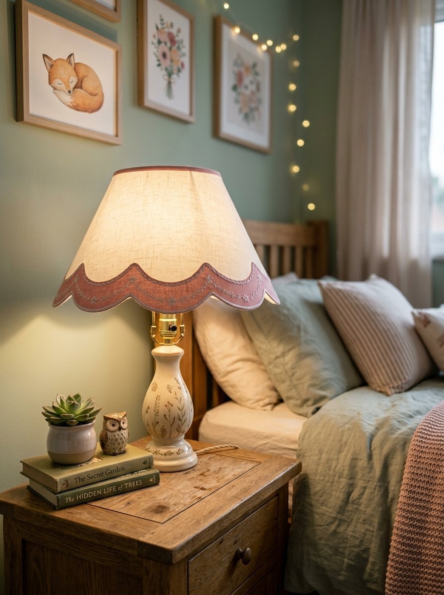 A rustic bedside table with a scalloped fabric lamp, owl figurine, succulent plant, and stacked books.