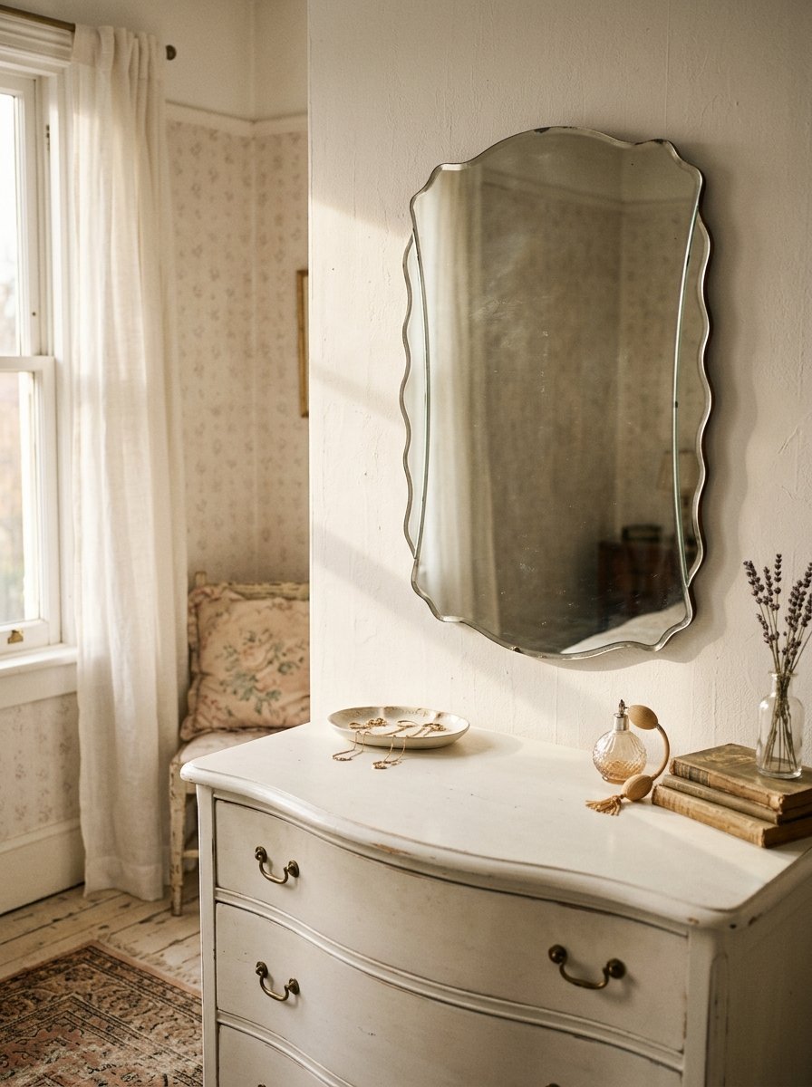 Vintage scalloped mirror hangs above a white painted wooden chest of drawers with antique accessories.
