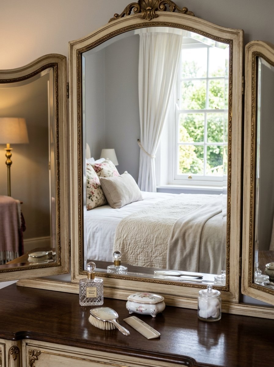 Close-up of a vintage vanity mirror with grooming accessories on a dark wooden surface.