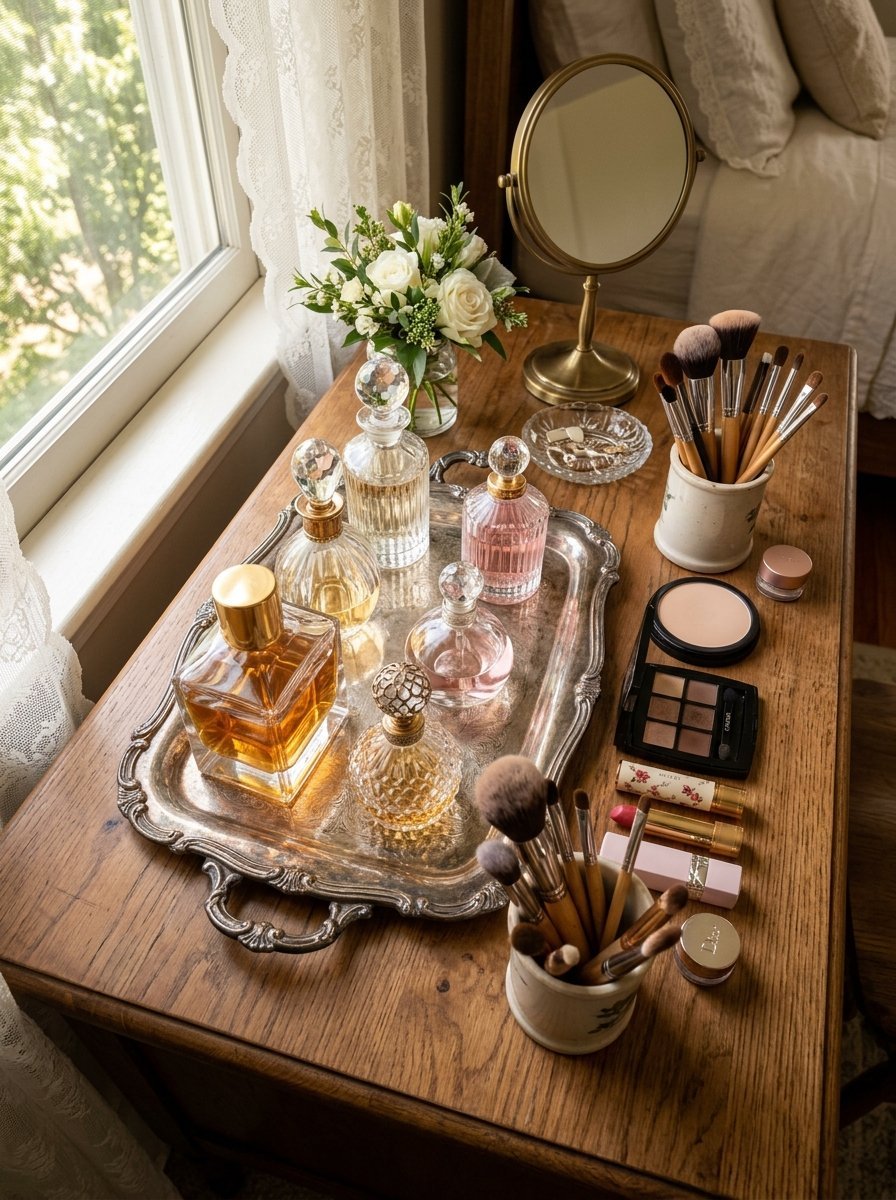 Silver tray holding various glass perfume bottles next to makeup brushes and cosmetics on a wooden table.