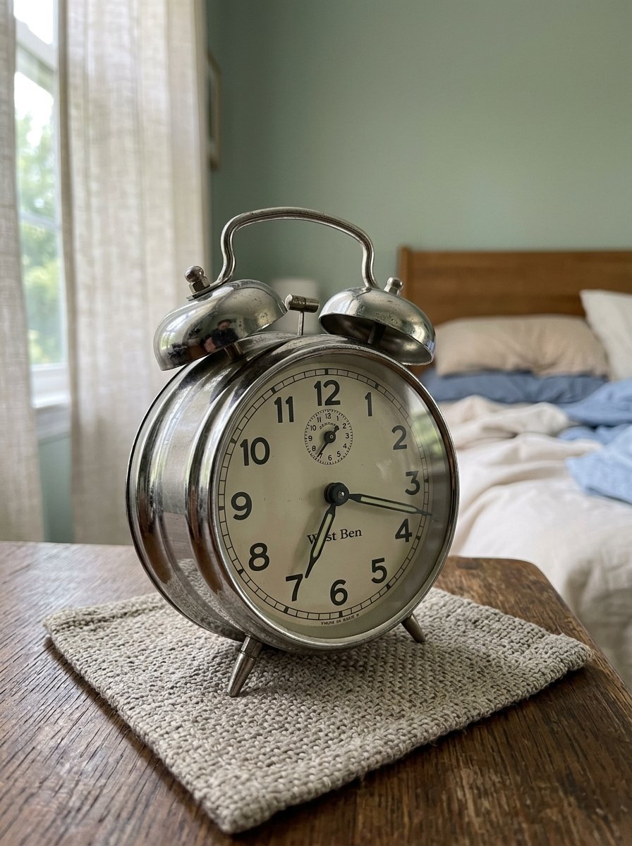 An old-fashioned West Ben metal alarm clock resting on a woven square cloth on a wooden bedside table.