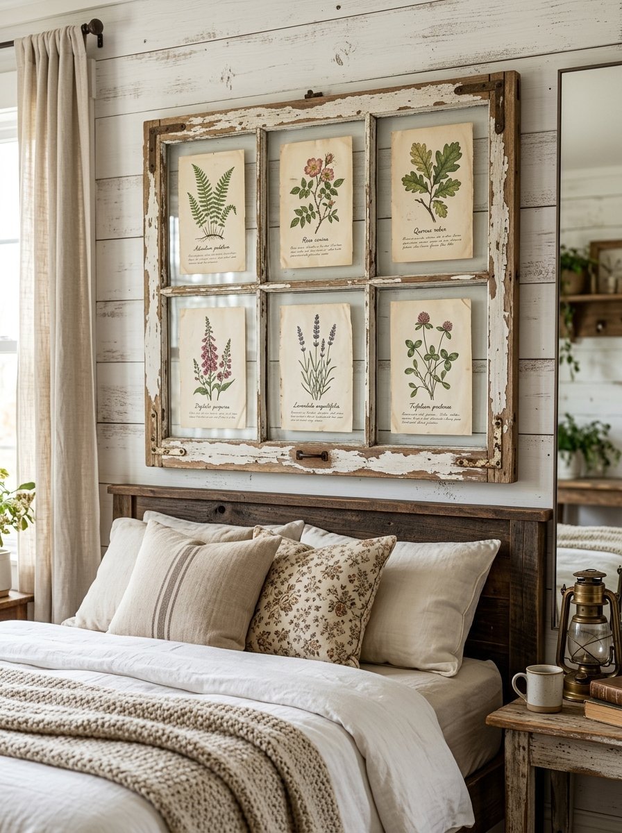 An old wooden window frame holding six botanical prints hanging above a farmhouse style bed.