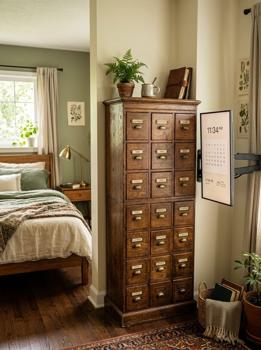 Tall vintage wooden chest of drawers with label holders next to a wall mounted vertical digital calendar screen.