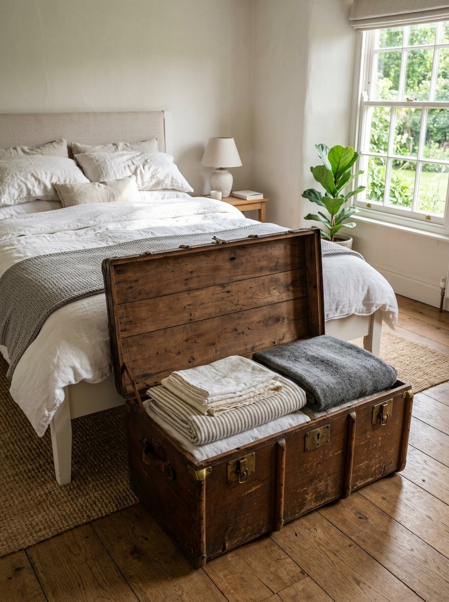 An open antique wooden trunk sits at the foot of a bed, holding neatly folded striped and grey fabric throws.