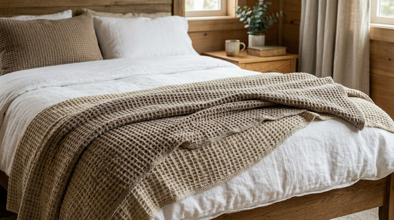 A beige waffle weave blanket is draped across a white linen bedspread in a room with wood paneling.