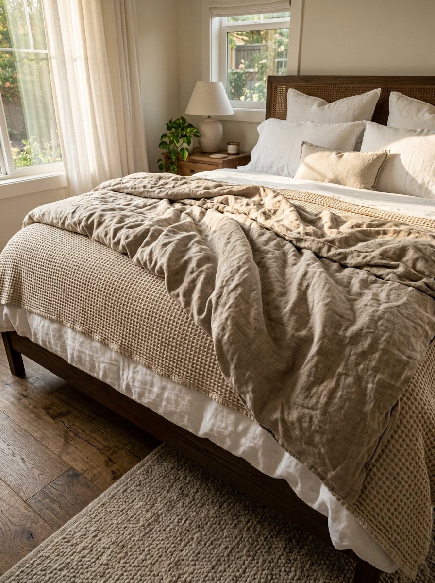 A rustic wooden bed frame with layered tan linen bedding and a textured beige waffle blanket in a sunny room.