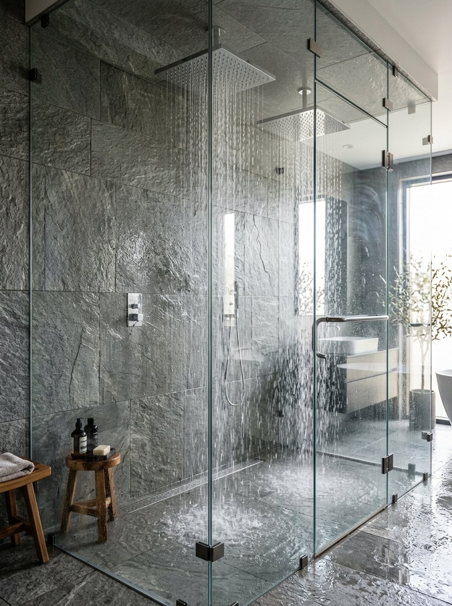 Water sprays from two square rainfall showerheads inside a spacious glass-enclosed shower with dark stone tile walls.