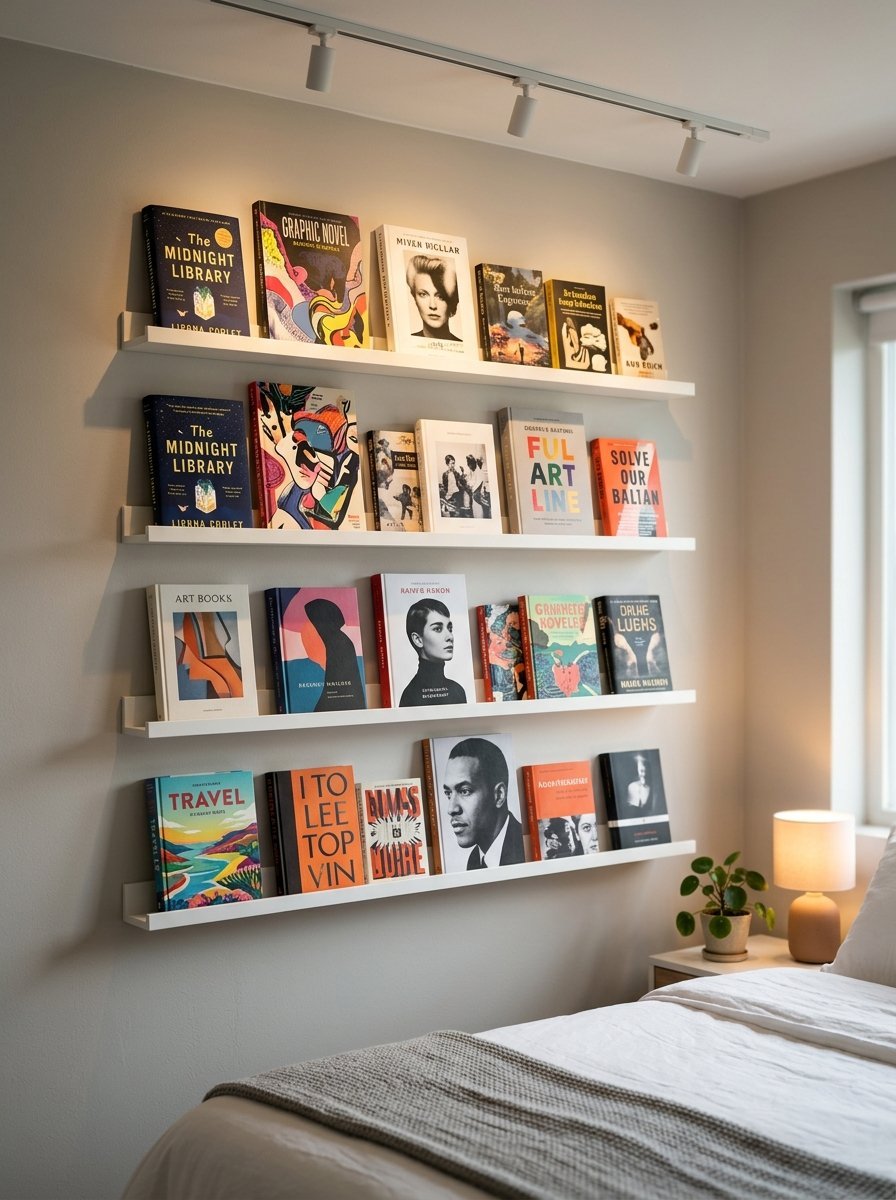 Modern white floating shelves featuring front-facing books on a neutral bedroom wall with track lighting.