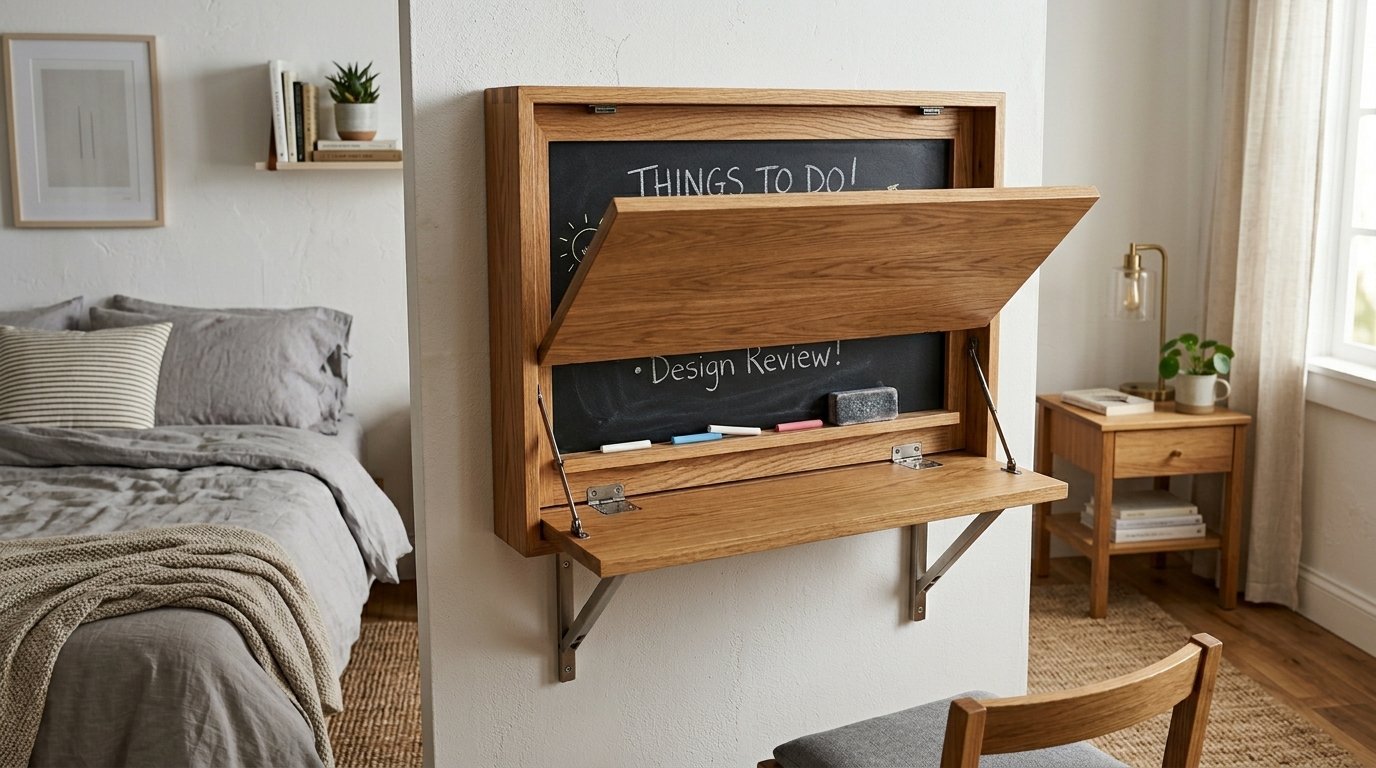 A wooden wall-mounted fold-out desk with a chalkboard behind the workspace in a bedroom.