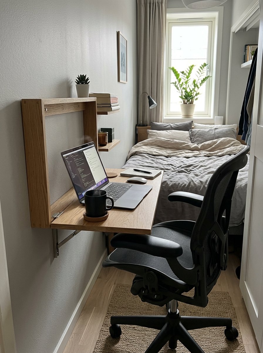 A folding wooden desk attached to a wall with a laptop and coffee mug, positioned next to a cozy bed.